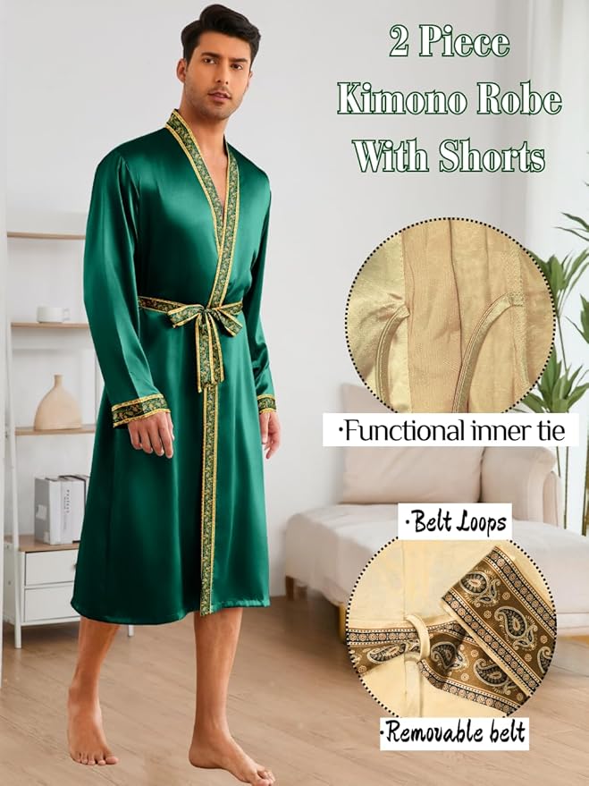 ChiaoLezhee Mens Satin Bath Robe with Shorts Set, Silk Paisley Kimono Lightweight, Soft Long Sleeve Sleepwear