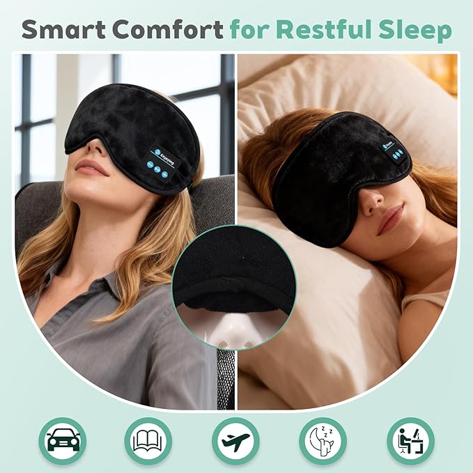 Sleep Mask Bluetooth Wireless Headphones, Sleep Earphones Music Eyemask, 2 in 1 Ear Mask and Eye Mask for Side Sleepers, Warm Earbuds Built-in HD Speakers Blindfold for Men Women (Black)