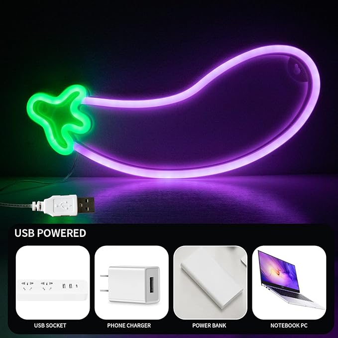ENUOLI Eggplant Neon Signs,LED Purple Eggplant Neon Light Decorative Art LED Lights for Wall Decor,USB/Battery Powered Night Lamps Light Up Signs for Bedroom,Party, Living Room,Home Decor