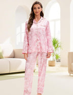 EPLAZA Silk Pajamas for Women Satin Pajamas Set 5 Pcs Long Sleeve Print Pattern Button Down Pjs Sleepwear Loungewear Set