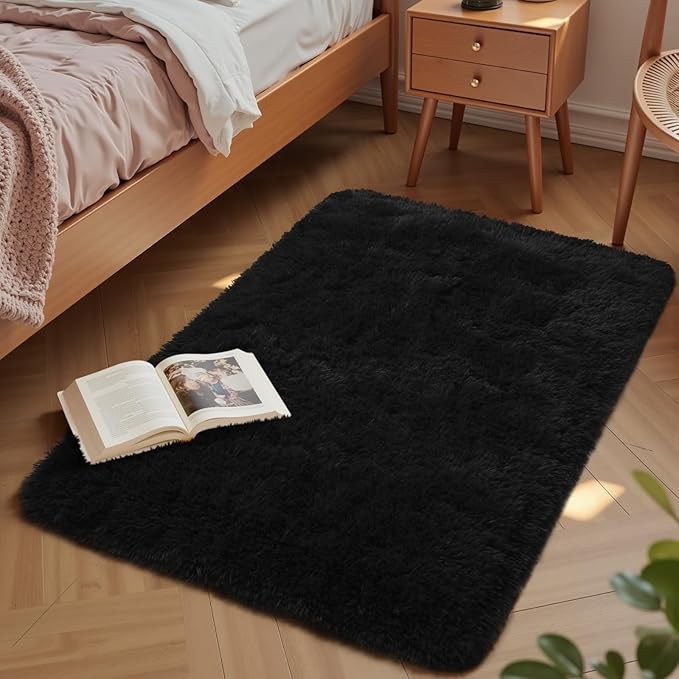 Macgace Small Throw Rugs for Bedroom, 2x3 Black Mini Non-Slip Area Rug, Super Soft Plush Fluffy Carpet Modern Home Decor Aesthetic for Entryway Entrance Nursery Kids Room Dorm Office
