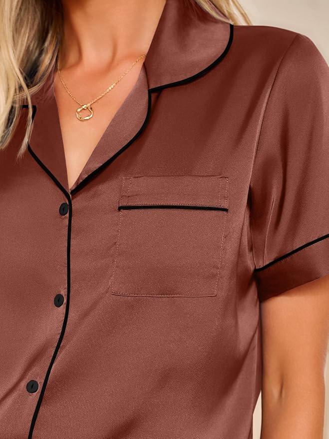 LILLUSORY Silk Satin Pajama Set for Women 2 Piece Lounge Pjs Winter Matching Summer Sleepwear Button Down Shirt Shorts