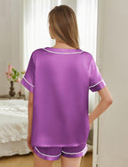 Silk Pajamas for Women Short Sleeve Satin 2 Piece Pj Set Soft V Neck Sleepwear Loungewear, S-XXL