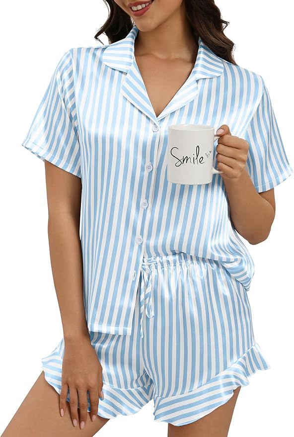 Silk Pajamas for Women Button Down 2 Piece Satin Pjs Shorts Set Ruffle Notch Collar Sleepwear Loungewear