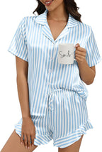 Silk Pajamas for Women Button Down 2 Piece Satin Pjs Shorts Set Ruffle Notch Collar Sleepwear Loungewear