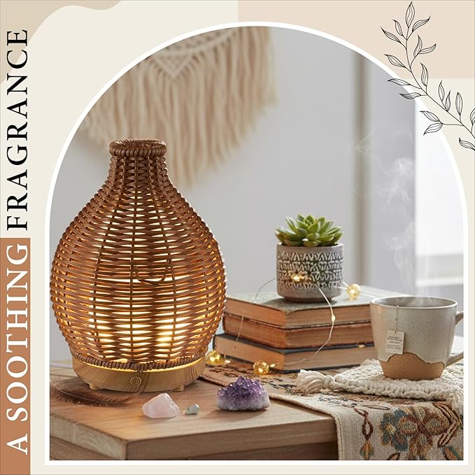 Copkim Essential Oil Diffuser Rattan Woven Boho Aroma Humidifier 80ml Ultrasonic Aromatherapy Diffuser with Timer and Waterless Auto-Off 2 Mist Modes Noiseless Warm Light for Home Office Bedroom