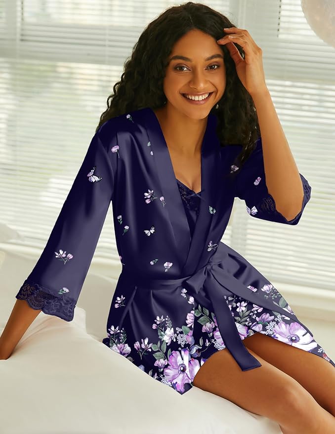 Ekouaer Sleepwear Women's Satin Nightgown with Robes Set 2 Piece Sexy Lace Cami Nightwear