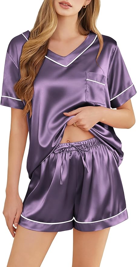 Silk Pajamas for Women Short Sleeve Satin 2 Piece Pj Set Soft V Neck Sleepwear Loungewear, S-XXL