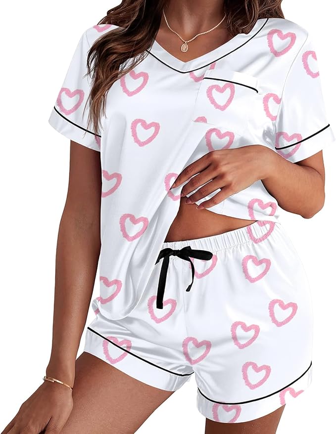 RUEWEY Women Satin Silk Pajamas Lounge Set Heart Print Short Sleeve Tops and Shorts 2 Piece Outfits Sleepwear