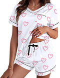 RUEWEY Women Satin Silk Pajamas Lounge Set Heart Print Short Sleeve Tops and Shorts 2 Piece Outfits Sleepwear