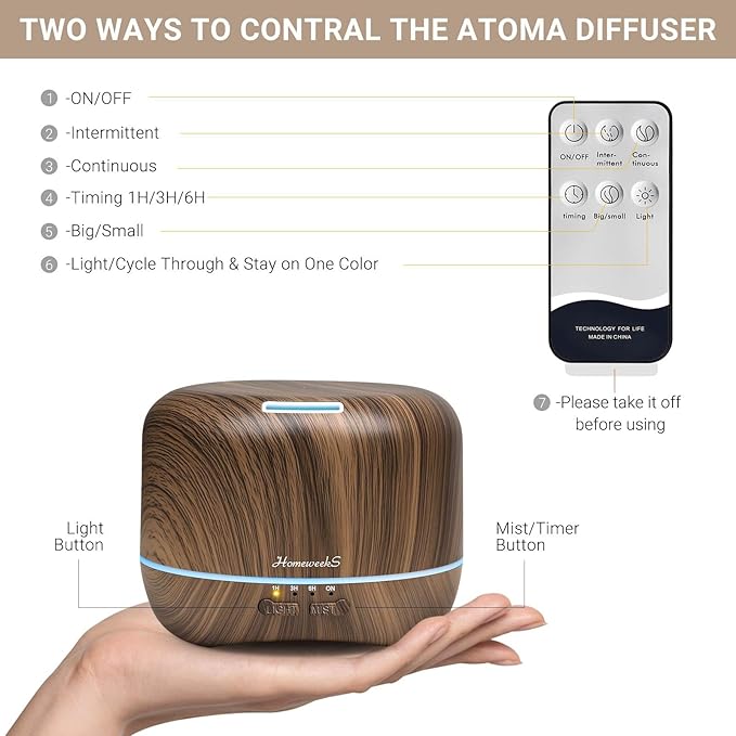 Aromatherapy Essential Oil Diffuser for Room: Air Humidifier Aroma Scent Cool Mist Diffuser Colorful Lights Wood Cute Small Large Waterless Auto Off Ultrasonic Diffusers for Home Bedroom (300ml)