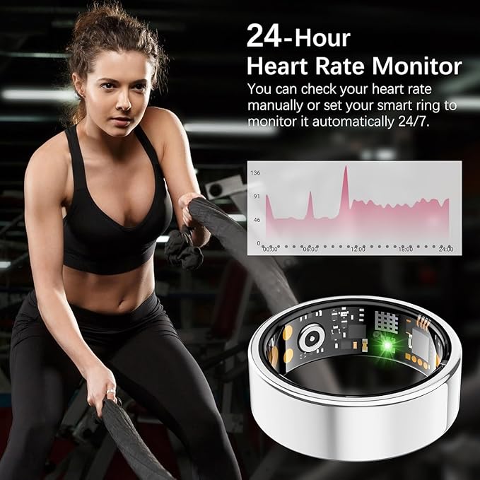 Ring Health Tracker for Women Men, Fitness Ring with Heart Rate, Blood Oxygen, Sleep Monitor, Calories, Step Counter, IP68 Waterproof Smart Ring for iPhone & Android, No Subscription Fee (Silver, 12#)