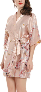Women Kimono Robes Satin Dressing Gown Crane and Blossoms Sleep Lounge Nightwear Short Silk Bride Bridesmaid Robe