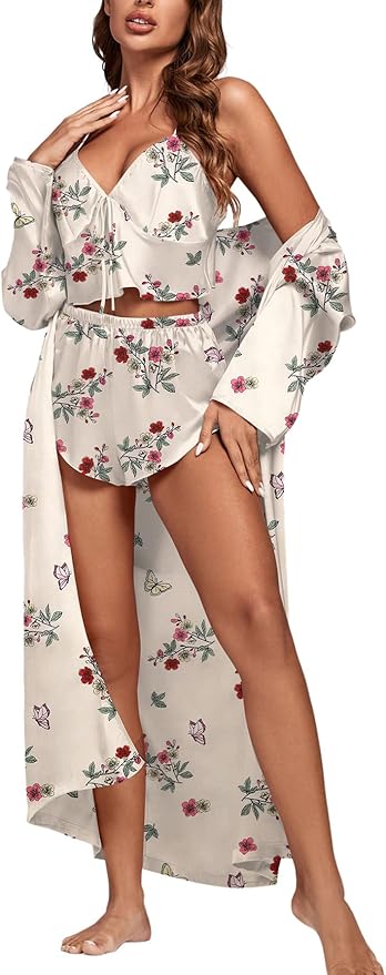 OPOIPIN Women's 3 Piece Pajama Set Sexy Cami Top and Shorts with Robe Sleepwear Loungewear Set