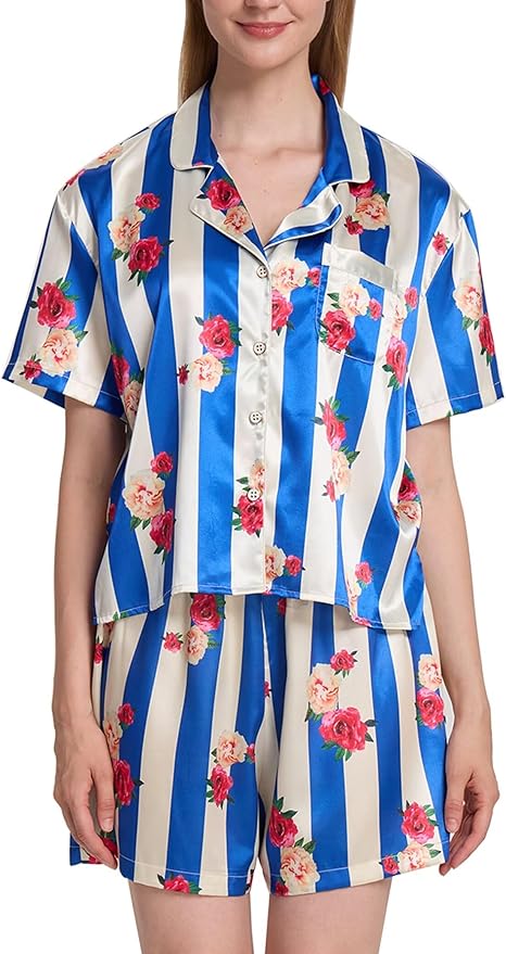 Womens Silk Pajama Sets Floral Print Short Sleeve Satin Pjs Comfy Button Down 2 Piece Sleepwear Loungewear