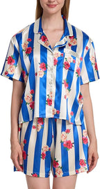 Womens Silk Pajama Sets Floral Print Short Sleeve Satin Pjs Comfy Button Down 2 Piece Sleepwear Loungewear
