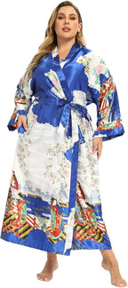 Women's Floral Long Satin Robes Plus Size Long Silk Robes Peacock Floral Kimonos Sleepwear Dressing Gown