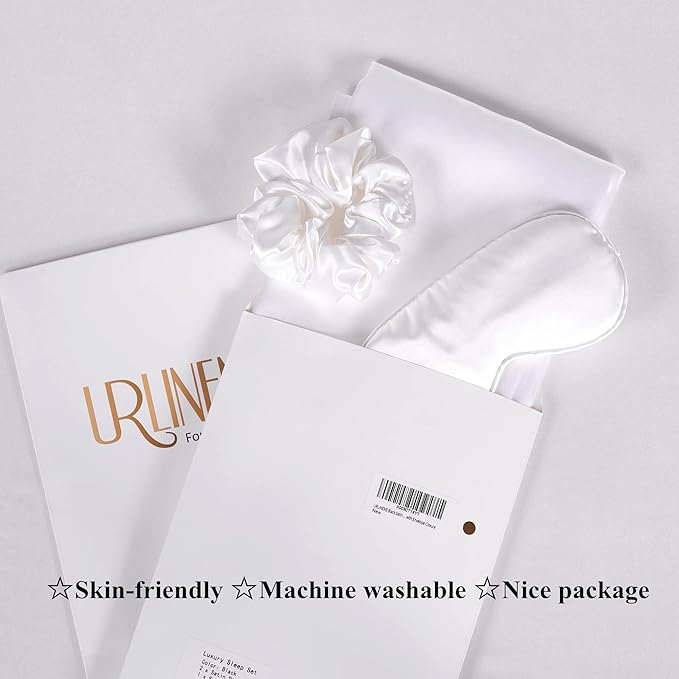 Satin Pillowcase for Hair and Skin, Vegan Silk Pillowcase Set-2 Ivory Satin Pillowcases Queen Size, 1 Eye Mask, 1 Scrunchie-Luxury Sleep Set, White Pillow Cases with Envelope Closure