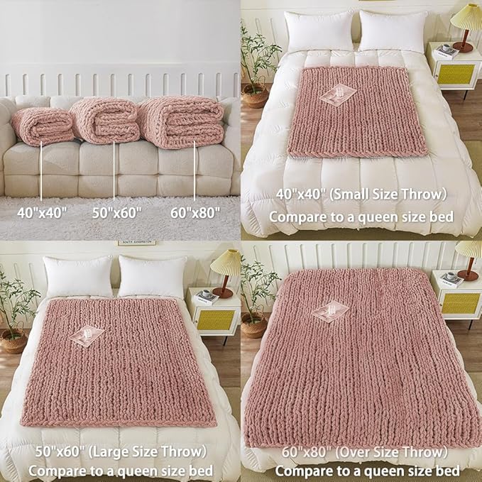 WESHIONGOO Chunky Knit Blanket Throw 51"×63" Knitted Throw Blankets for Couch Bed Fluffy Soft Blanket with Jumbo Chenille Yarn Thick 100% Handmade (Pink)