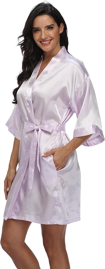 Women's Satin Kimono Robe Wedding Getting Ready Silky Bathrobe Short Bridesmaid Dressing Gown