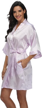 Women's Satin Kimono Robe Wedding Getting Ready Silky Bathrobe Short Bridesmaid Dressing Gown