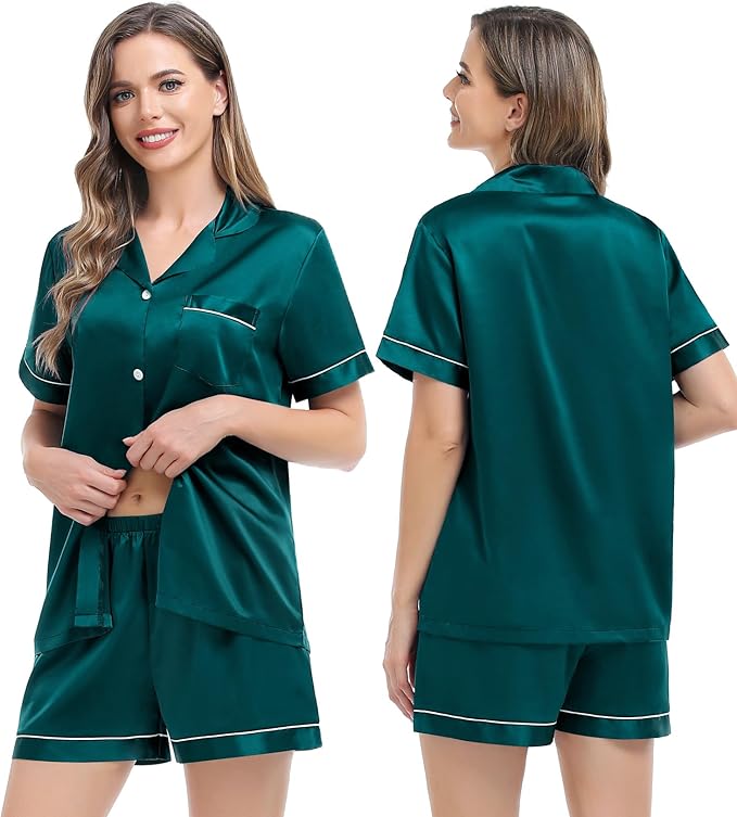 SWOMOG Womens Silk Satin Pajamas Set Short Sleeve Sleepwear Button Down Top and Shorts Loungewear 2 Piece Pjs Set XS-3XL