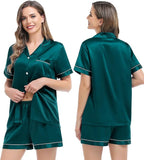 SWOMOG Womens Silk Satin Pajamas Set Short Sleeve Sleepwear Button Down Top and Shorts Loungewear 2 Piece Pjs Set XS-3XL