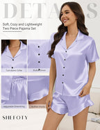 Silk Pajamas for Women Button Down 2 Piece Satin Pjs Shorts Set Ruffle Notch Collar Sleepwear Loungewear