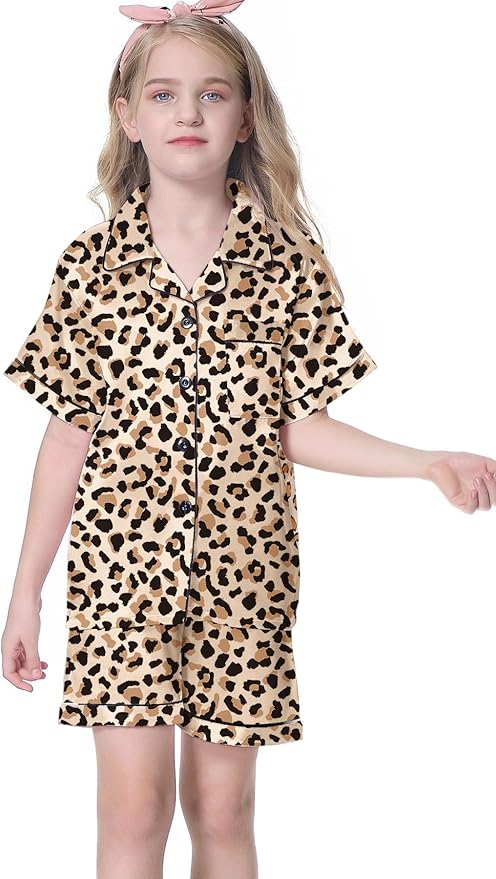 Umeyda Women & Girls Pajamas Set, Soft Satin Lightweight Silk Button-Down Top with Shorts 2 Piece PJS for Mom Boys Kids Gifts