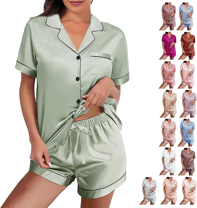 WJing Yi Jia Womens Silk Satin Pajamas Loungewear Two-Piece Sleepwear Button-Down Floral Pj Set XS-4XL