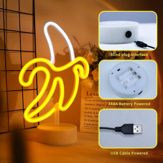 ENUOLI Banana Neon Sign, LED Light Banana Neon Sign Decoration Art Lamp for Bedroom Kids Room Christmas Birthday Wedding Party, 11.8 x 7.08 inches, Yellow, Plastic
