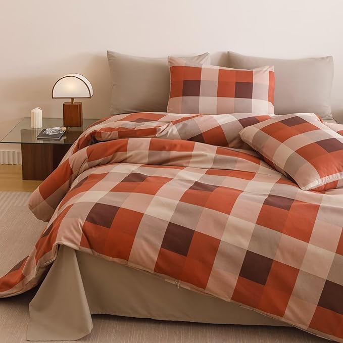 Luxlovery Checkered Red Comforter Set Cal King Gingham Bedding Set Women's Bedding Grid Bedding Set Fluffy Soft Cottagecore Khaki and Brick Red Blanket Quilts with 2 Pillowcases California King Bed