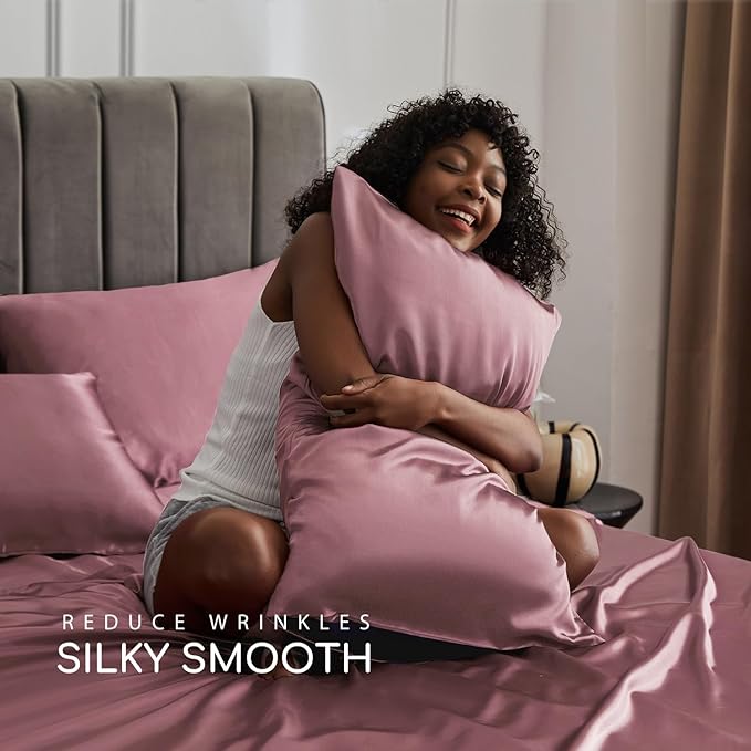 MR&HM Satin Bed Sheets, Full Size Sheets Set, 4 Pcs Silky Bedding Set with 15 Inches Deep Pocket for Mattress (Full, Rose Taupe)