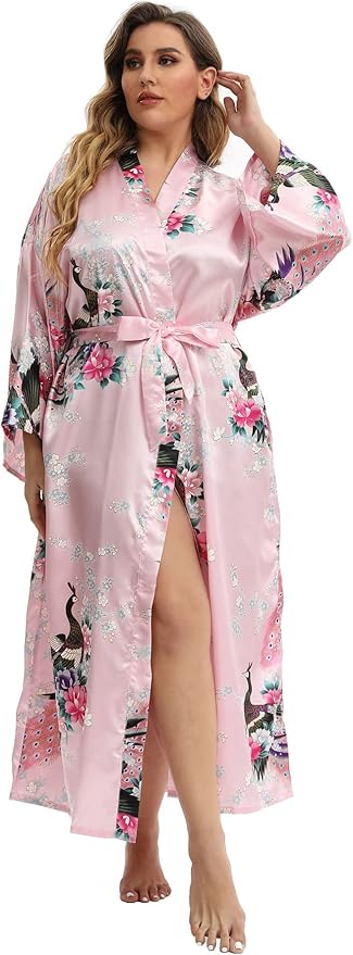 Women's Floral Long Satin Robes Plus Size Long Silk Robes Peacock Floral Kimonos Sleepwear Dressing Gown