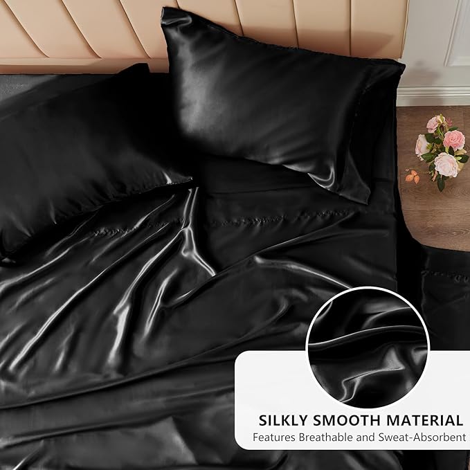 CozyLux Satin Sheets Twin XL Sheets - 3 Piece Silky XL Twin Sheet Set, Luxury Extra Long Black Sheet with Smooth and Soft Microfiber, Includes 1 Fitted Sheet, 1 Flat Sheet and 1 Pillowcase