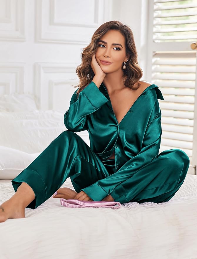 Ekouaer Women Satin Silk Pajamas Classic Long Sleeve Button Down Pjs Set Soft Loungewear