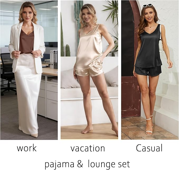 MOYEE Women Silk Pajama Set Soft Satin V Neck Tank Top and Shorts 2 Piece lounge Sets with Pockets