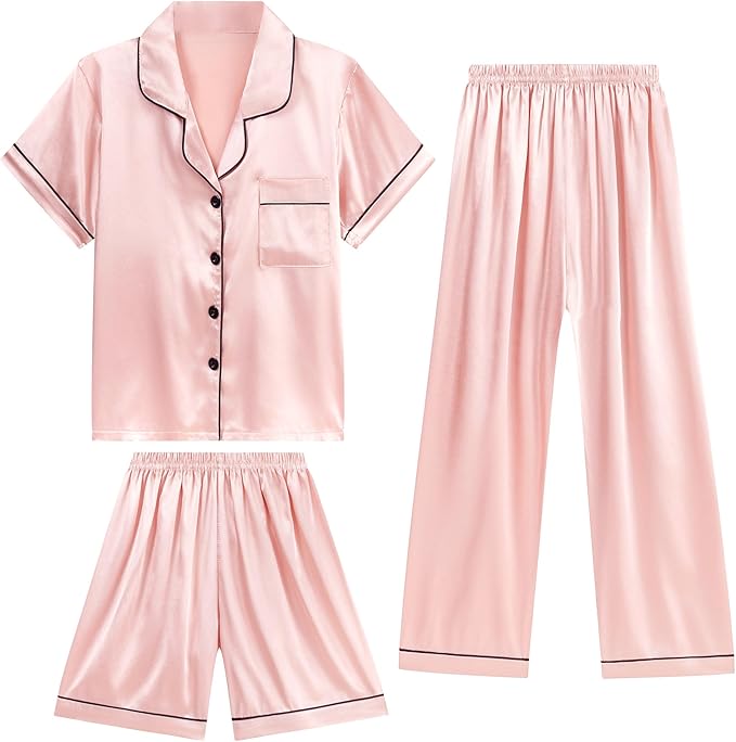 DIPUG 3 Piece Girls Silk Pajamas Set Soft Satin PJs Sleepwear for Comfortable Nights