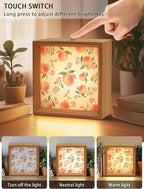 Wood Night Light Box 6.5x6.5in,Summer Fruit Pink Honey Peach Table Lights Wooden Picture Frame with USB Rechargeable Touch LED Lights for Home Decor Desktop Display,Watercolor Plants