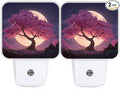 Cherries Blossom Night Lights Plug Into Wall, Nature Dreamy Moon Night Sky Spring Peach Dusk to Dawn Led Plug in Lights for Living Room Entryway Kitchen Decor 2pcs