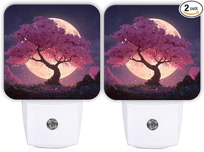 Cherries Blossom Night Lights Plug Into Wall, Nature Dreamy Moon Night Sky Spring Peach Dusk to Dawn Led Plug in Lights for Living Room Entryway Kitchen Decor 2pcs