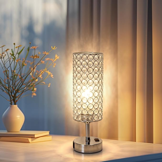 Crystal Table Lamp Set of Two Chrome Dimmable USB Charging Touch Control Bedside Lamps for Night Stands Bedroom Living Room (Bulb Included)