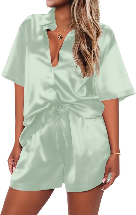 Ekouaer Pajamas for Women Silk Satin Pjs Soft Sleepwear Short Sleeve Button Down Pjs Top and Shorts 2 Piece Lounge Set S-XXL