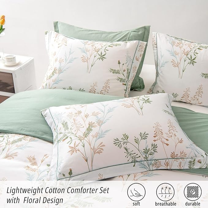 ALEISSEL Natural Cotton 3pcs Botanical Comforter Sets Queen Size-Green Comforter with Luxurious Tan & Gray Leaves on White, Reversible Lightweight Floral Bedding Sets(Full/Queen)