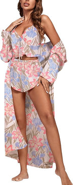 OPOIPIN Women's 3 Piece Pajama Set Sexy Cami Top and Shorts with Robe Sleepwear Loungewear Set