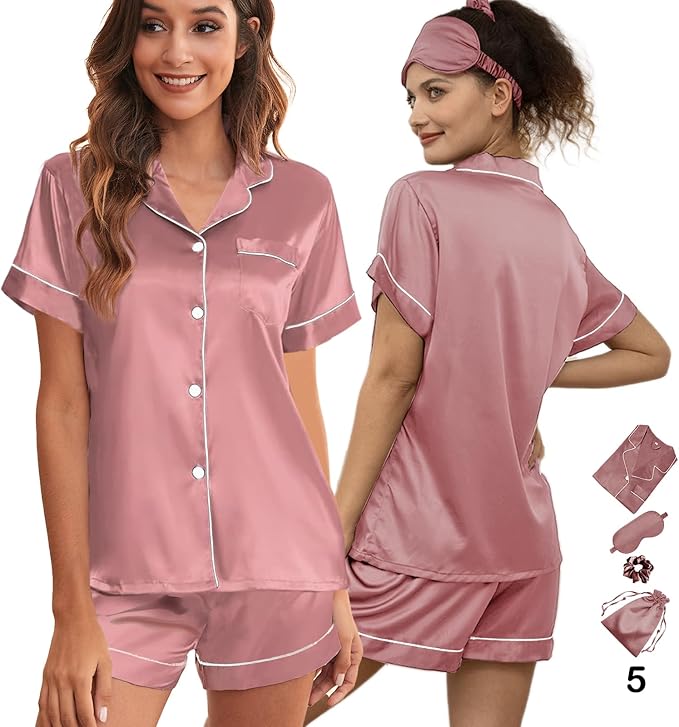 WJing Yi Jia 5Pcs Womens Soft Satin Pajama Set XS-4XL Button-Down Silk Pajamas Floral Sleepwear Bridal Pjs Lounge Pj Sets
