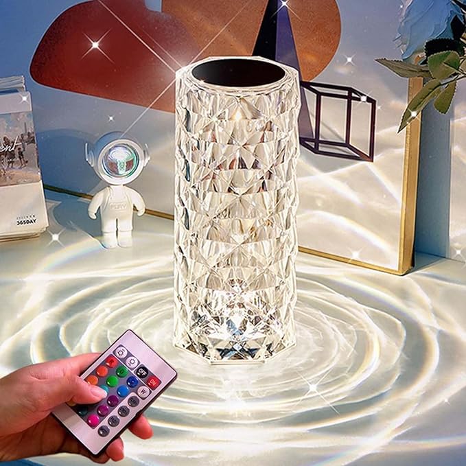 Can Switch 16 Colors Artificial Crystal Table Lamp, RGB Color Changing Rose Diamond Design with Remote Control USB Charging Touch Sensor Ambient Lighting for Living Room Party (3 Colors-Large)