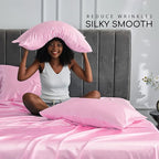 MR&HM Satin Bed Sheets, Full Size Sheets Set, 4 Pcs Silky Bedding Set with 15 Inches Deep Pocket for Mattress (Full, Pink)