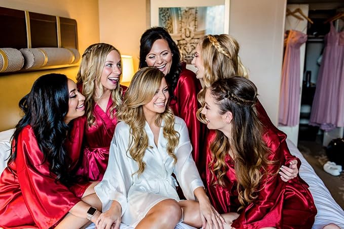 Vlazom Womens Kimono Robes Dressing Gown Satin Bathrobe Nightdress Short Style Bridal Robe