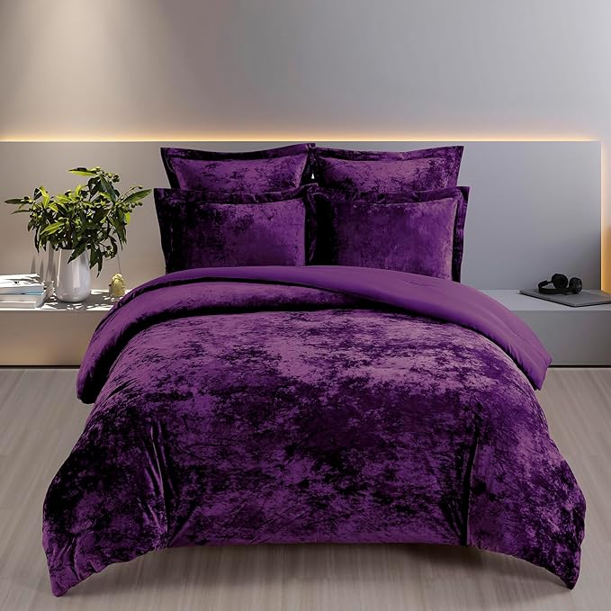 Fredsure Distressed Velvet Comforter Set, 5 Pieces Dark Purple Queen, Distressed Velvet Face and Brushed Microfiber Reverse